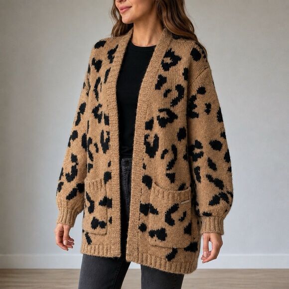 Abercrombie & Fitch Sweaters - Abercrombie & Fitch Cardigan Womens XS Tan Black Leopard Wool Blend Open Front
